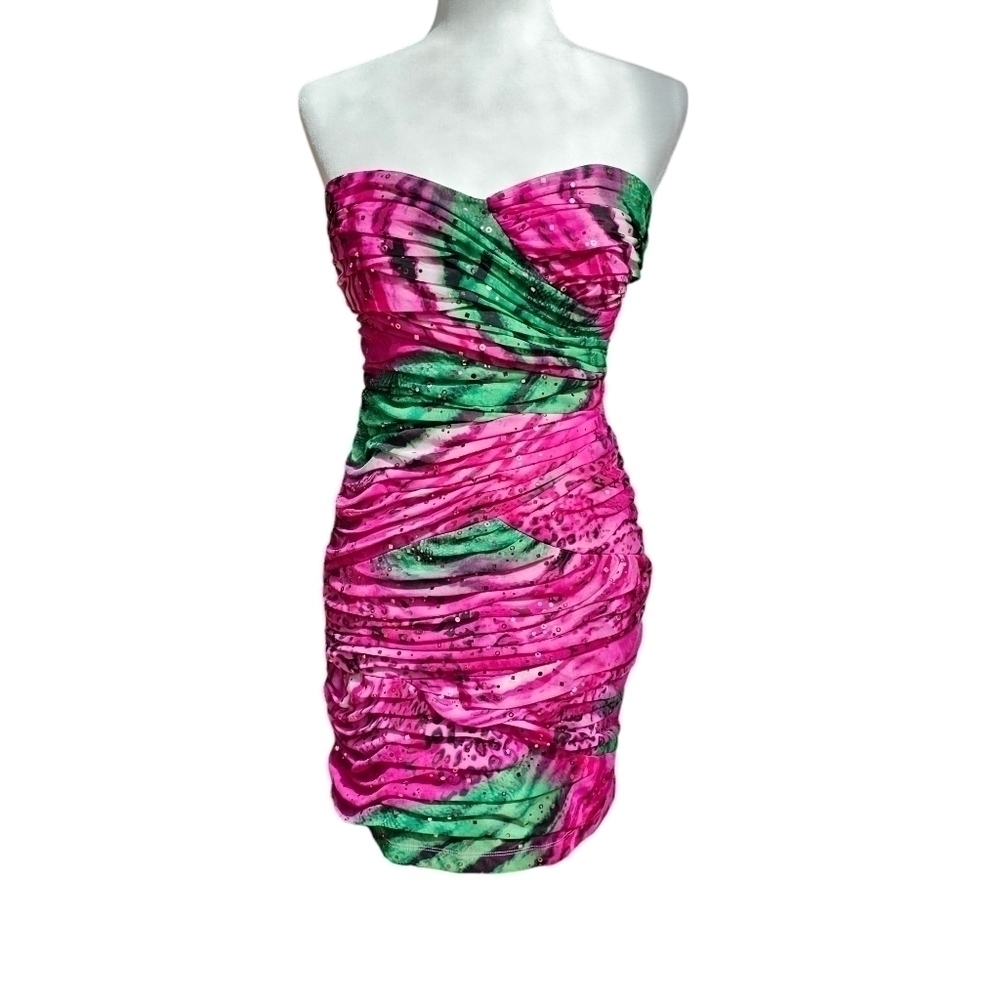 NWT Love Tease Strapless Dress, Gauzy Mixed Animal Print Over Lining, Size Small
